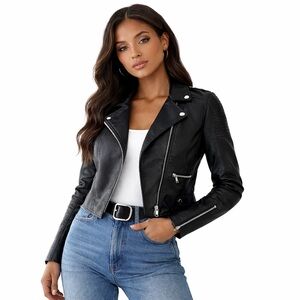 Vero Moda Black Faux Leather Moto Jacket Cropped Size Medium